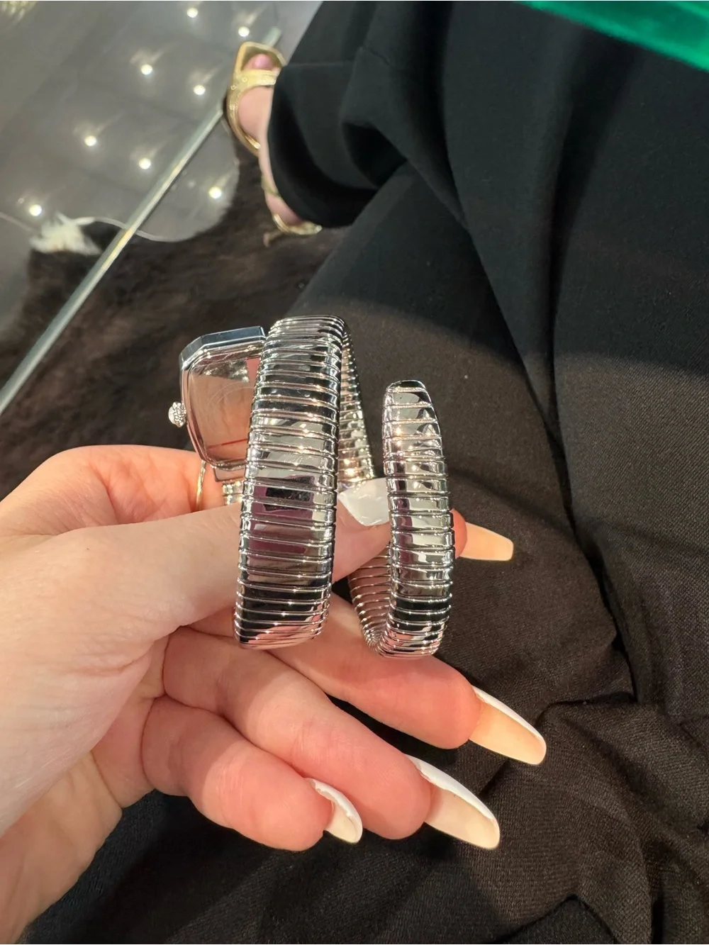 Colleen Lopez Silvertone Gemstone Dial Tubogas Coil Bracelet Watch